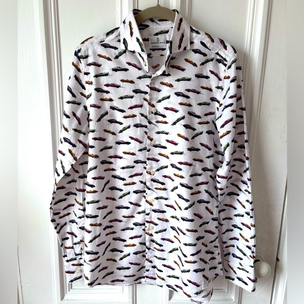 Men’s Emanuel Berg Modern Fit Button Front Long Sleeve Vintage Lemans Car Shirt